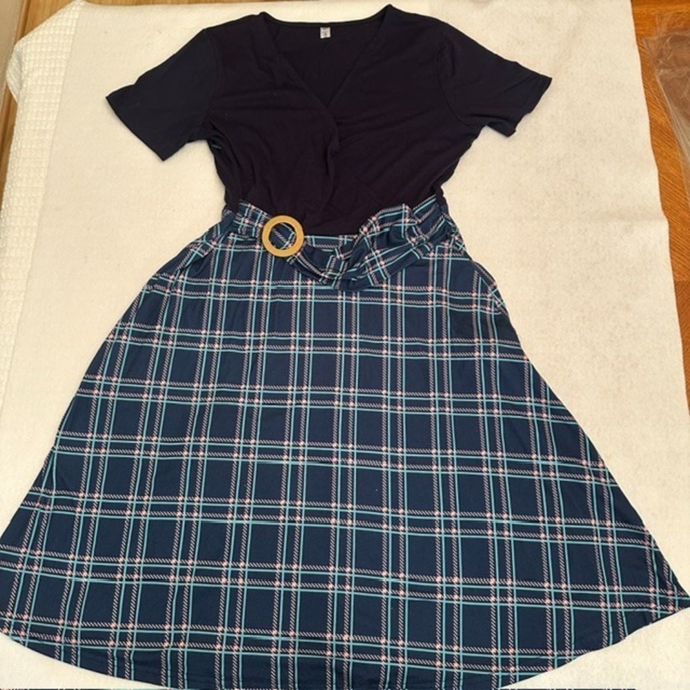 Helyo Dress Womens Large Navy Plaid Belted Short Sleeve V Neck Midi A Line VTG